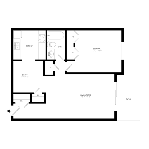 Floor plan for 1 bed, 1 bath, 711 sqft
